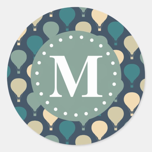 Blue Retro Hot Air Balloon Pattern Monogram Classic Round Sticker (Front)