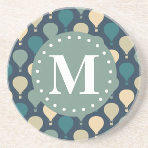 Blue Retro Hot Air Balloon Pattern Monogram Coaster