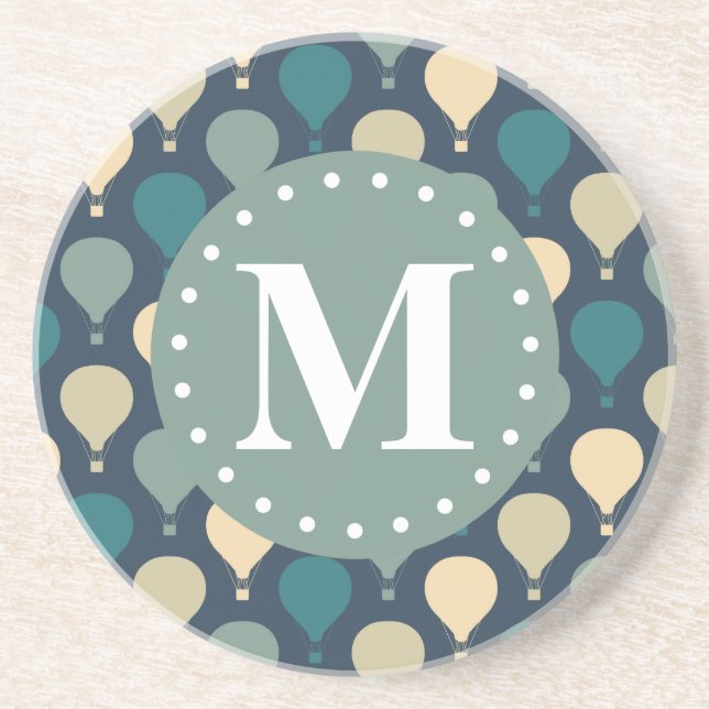 Blue Retro Hot Air Balloon Pattern Monogram Coaster (Front)