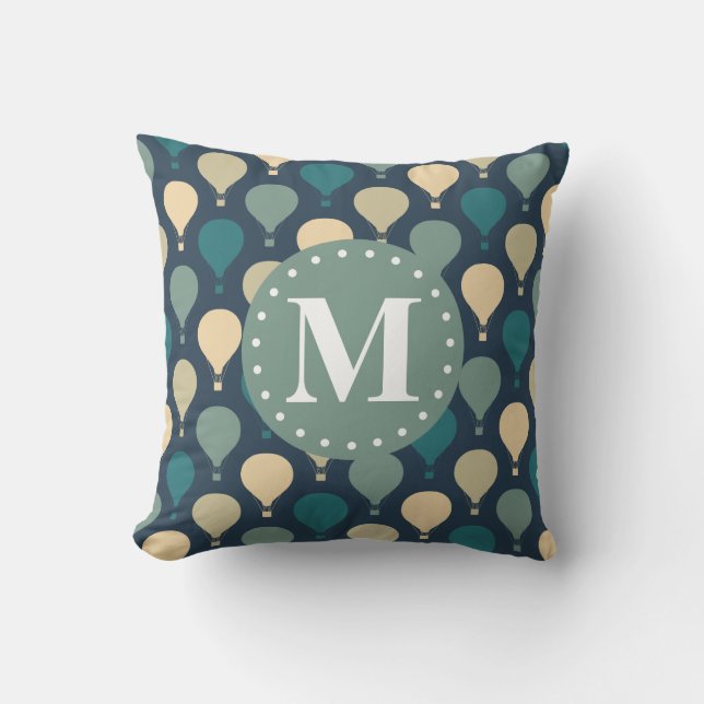 Blue Retro Hot Air Balloon Pattern Monogram Cushion (Front)