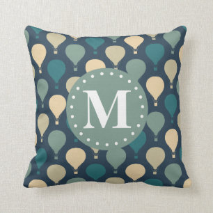 Blue Retro Hot Air Balloon Pattern Monogram Cushion
