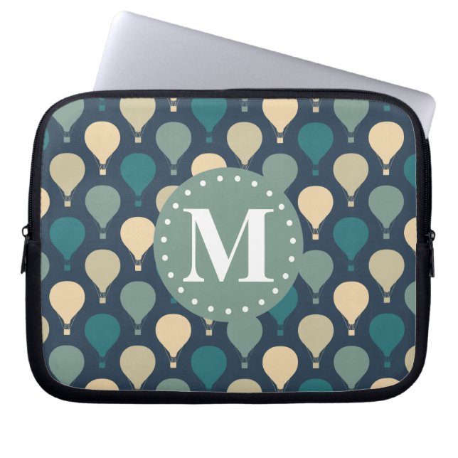 Blue Retro Hot Air Balloon Pattern Monogram Laptop Sleeve (Front)