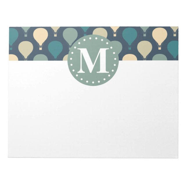 Blue Retro Hot Air Balloon Pattern Monogram Notepad (Front)