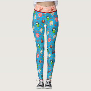 Blue Retro Japanese Maneki Neko Cat and Geisha Leggings