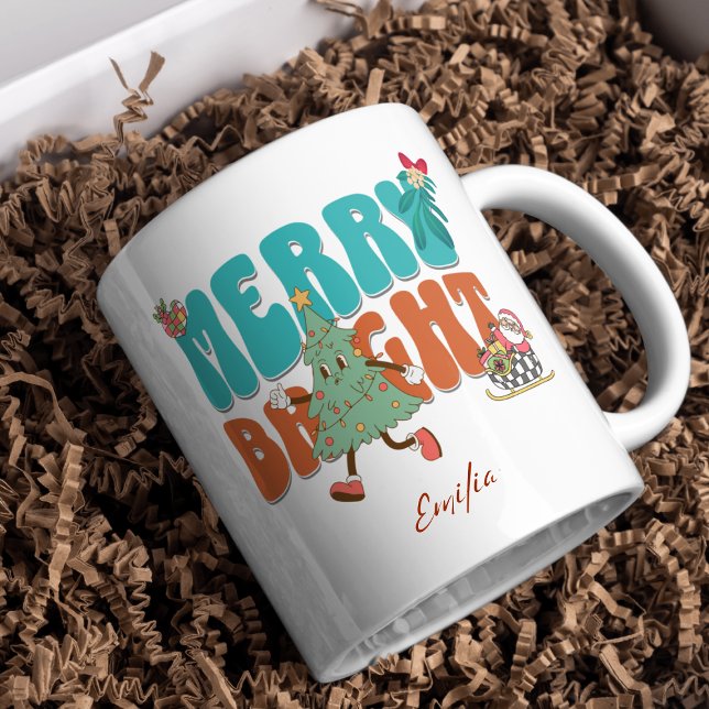 Blue Retro Merry Bright Name Christmas Tree Mug (Creator Uploaded)