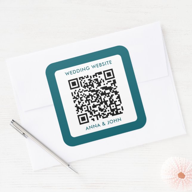 blue retro modern minimalist wedding qr code square sticker (Envelope)
