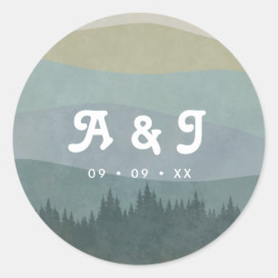 Blue Retro Mountains and Forest Wedding Monogram Classic Round Sticker