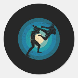 Blue Retro Muay Thai - Nak Muay, Kickboxing Gift  Classic Round Sticker