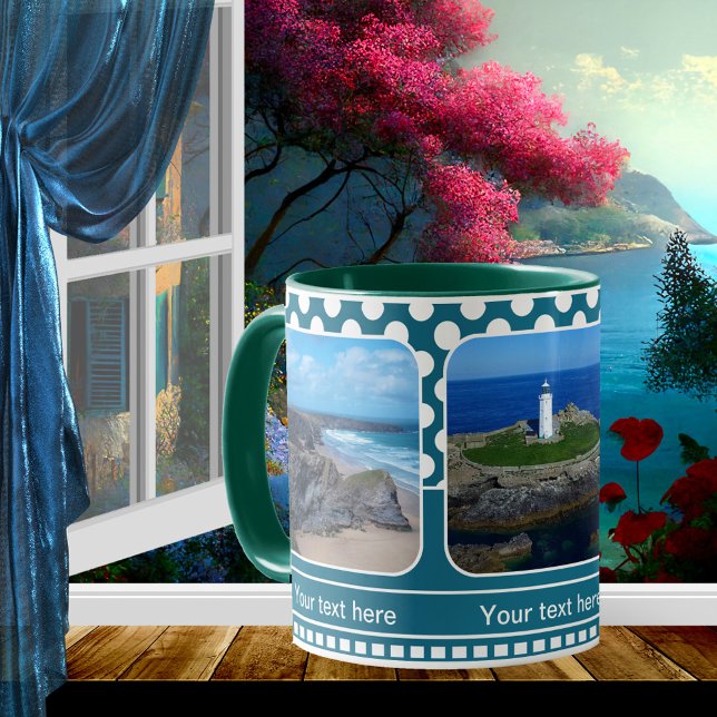 Blue Retro Polka Dot Your Photos Mug (Retro blue teal photo mug with white polka dots )