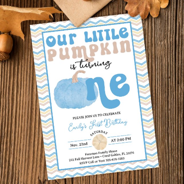 Blue Retro Pumpkin Birthday Invite (Retro Typography Blue Pumpkin Our Little Pumpkin Birthday Invitation)