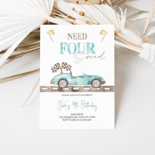 Blue Retro Race Car Birthday Invitation 