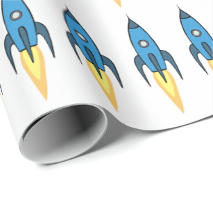 Blue Retro Rocket Ship Outer Space Birthday Boy Wrapping Paper