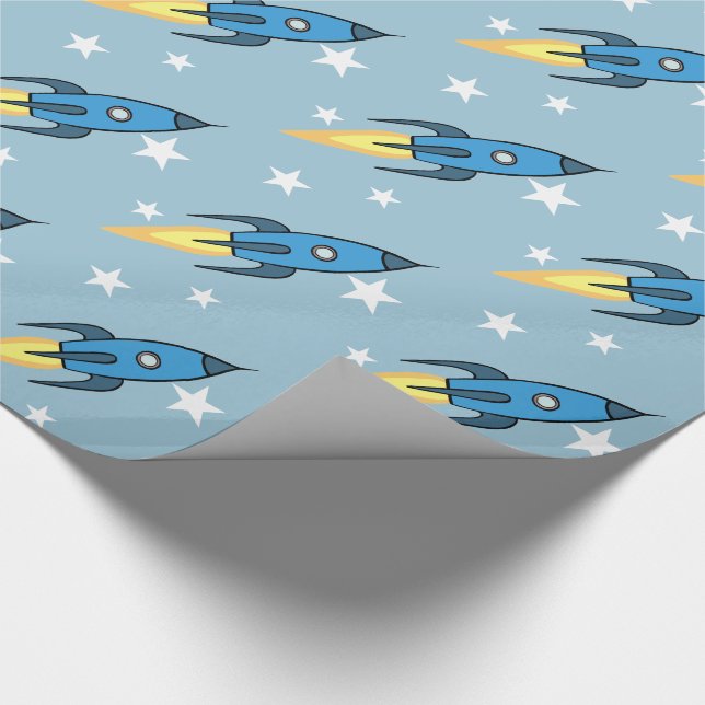 Blue Retro Rocket Ship Outer Space Birthday Boy Wrapping Paper (Corner)