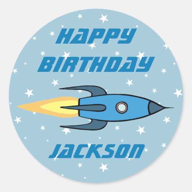 Blue Retro Rocket Ship Personalised Birthday Boy Classic Round Sticker (Front)