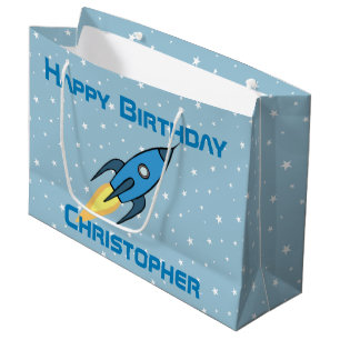 Blue Retro Rocket Ship Personalised Birthday Boy Large Gift Bag