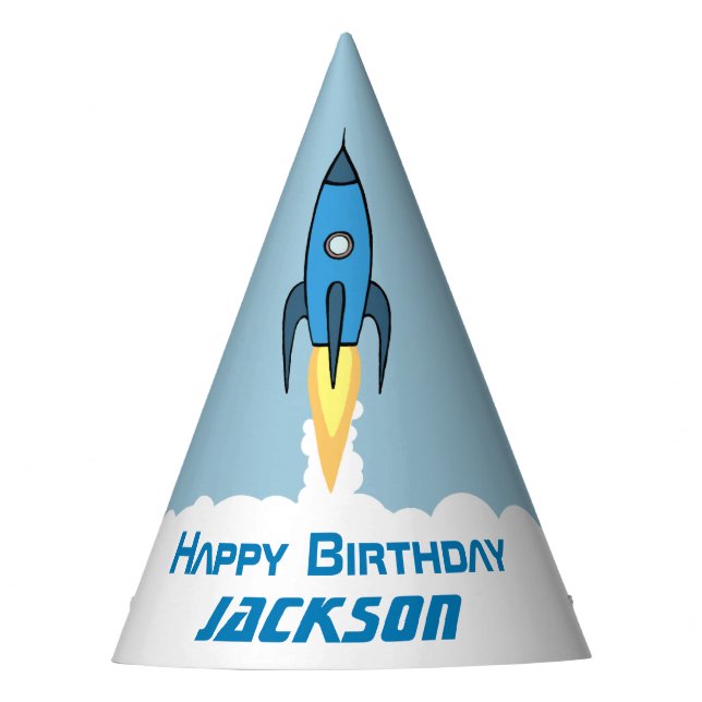 Blue Retro Rocket Ship Personalised Birthday Boy Party Hat (Front)