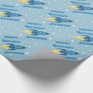Blue Retro Rocket Ship Personalised Birthday Boy Wrapping Paper