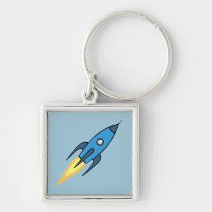 Blue Retro Rocket Ship Simple Modern Outer Space Key Ring