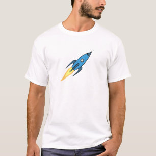 Blue Retro Rocket Ship Simple Modern Outer Space T-Shirt