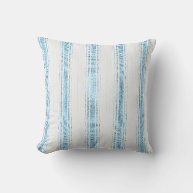 Blue Retro Stripe Ticking Style Pillow (Front)