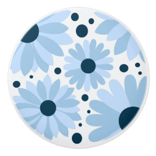 Blue retro style daisies and dark blue dots ceramic knob