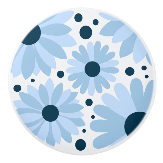 Blue retro style daisies and dark blue dots ceramic knob (Front)