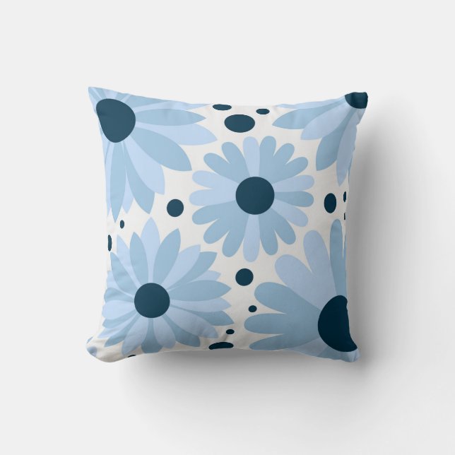 Blue retro style daisies and dark blue dots cushion (Front)
