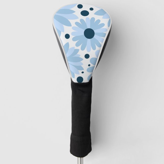 Blue retro style daisies and dark blue dots golf head cover (Front)