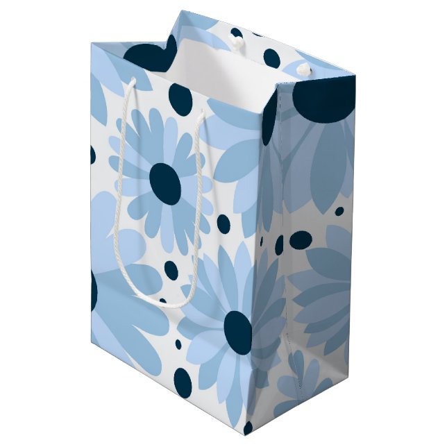 Blue retro style daisies and dark blue dots medium gift bag (Front Angled)