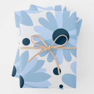 Blue retro style daisies and dark blue dots wrapping paper sheet