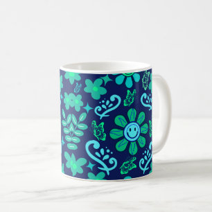 Blue Retro Style Floral and Sun Symbol Pattern Coffee Mug