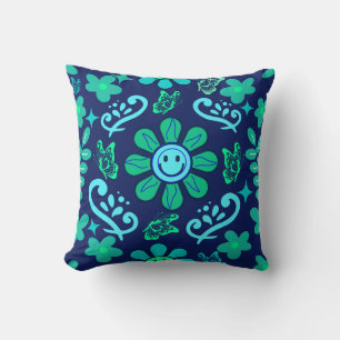 Blue Retro Style Floral and Sun Symbol Pattern Cushion