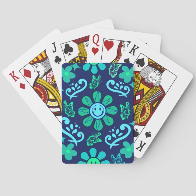 Blue Retro Style Floral and Sun Symbol Pattern Playing Cards (Back)