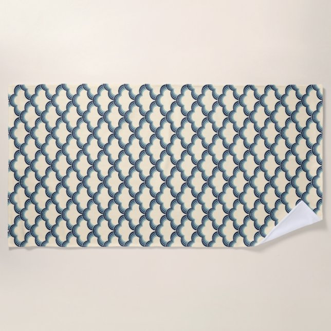 Blue retro style waves pattern beach towel (Front)