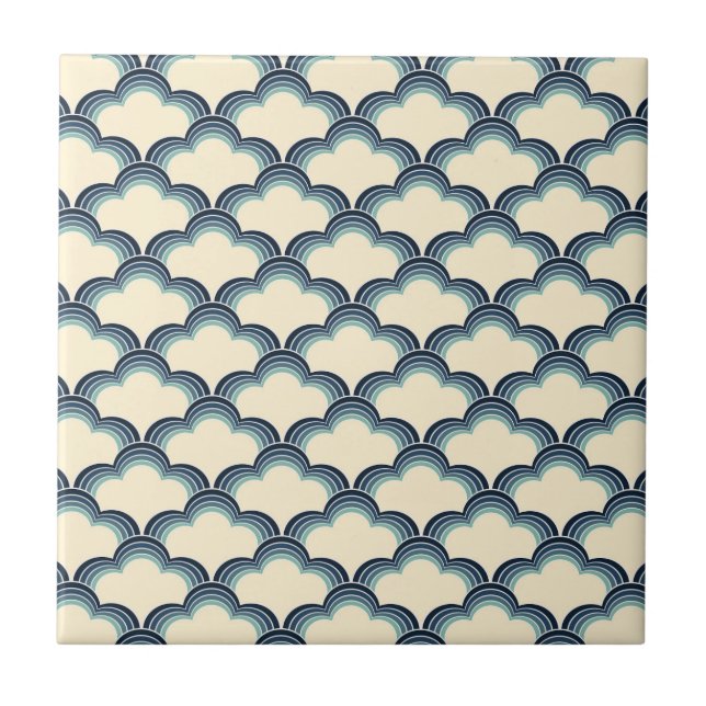 Blue retro style waves pattern ceramic tile (Front)