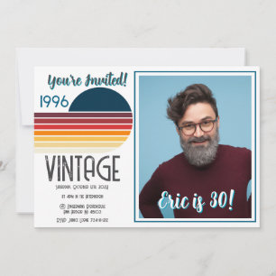 Blue Retro Sun 1996 Photo 30th Birthday Stripe  Holiday Card