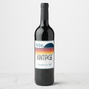 Blue Retro Sun 1996 Photo 30th Birthday Stripe Wine Label