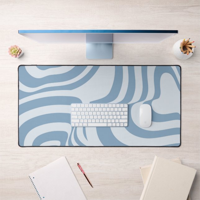 Blue Retro Swirl Groovy Y2K Pattern  Desk Mat (Office 1)