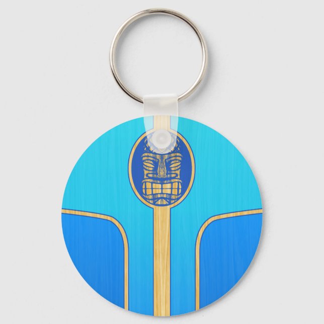 Blue Retro Tiki Surfboard Key Ring (Front)