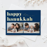 Blue Retro Typography Happy Hanukkah Two Photo Foil Holiday Card<br><div class="desc">Happy Hanukkah! Send your Hanukkah greetings to family and friends with this customisable photo Hanukkah card. It features retro bold typography. Personalise by adding your details. This custom Hanukkah card is available on other colours and cardstock. Matching items are available.</div>