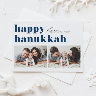Blue Retro Typography Happy Hanukkah Two Photo Holiday Card