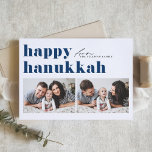 Blue Retro Typography Happy Hanukkah Two Photo Holiday Card<br><div class="desc">Happy Hanukkah! Send your Hanukkah greetings to family and friends with this customisable photo Hanukkah card. It features retro bold typography. Personalise by adding your details. This custom Hanukkah card is available on other colours and cardstock. Matching items are available.</div>