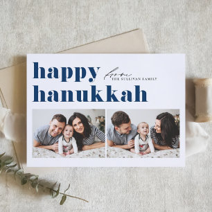 Blue Retro Typography Happy Hanukkah Two Photo Holiday Card