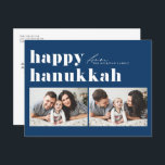 Blue Retro Typography Happy Hanukkah Two Photo Holiday Postcard<br><div class="desc">Happy Hanukkah! Send your Hanukkah greetings to family and friends with this customisable photo Hanukkah card. It features retro bold typography. Personalise by adding your details. This custom Hanukkah card is available on other colours and cardstock. Matching items are available.</div>