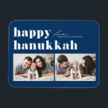 Blue Retro Typography Happy Hanukkah Two Photo Magnet<br><div class="desc">Happy Hanukkah! Celebrate the joyous Festival of Lights with our customisable photo Hanukkah magnet! This festive magnet allows you to showcase your favourite memories while adding a personal touch to your holiday decor. It features retro bold typography. Personalise by adding your details. An ideal gift for family and friends, or...</div>