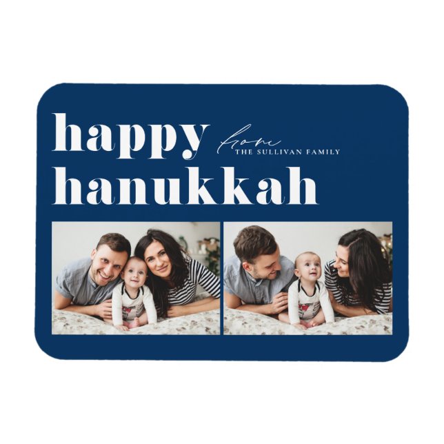 Blue Retro Typography Happy Hanukkah Two Photo Magnet (Horizontal)
