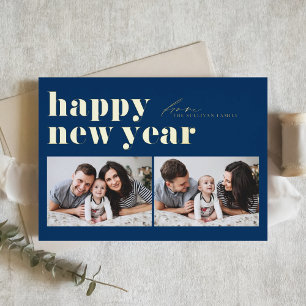 Blue Retro Typography Happy New Year Two Photo Foil Holiday Card