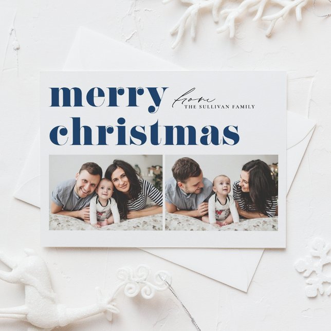 Blue Retro Typography Merry Christmas Two Photo Holiday Card (Creator Uploaded)
