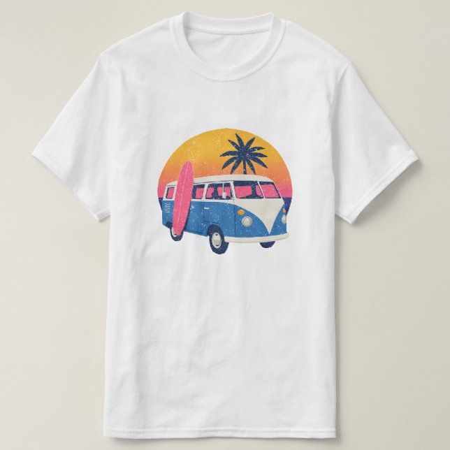 Blue Retro Van and Pink Sunset  T-Shirt (Design Front)