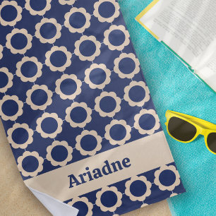 Blue Retro Vibe Flower Pattern Monogram Beach Towel